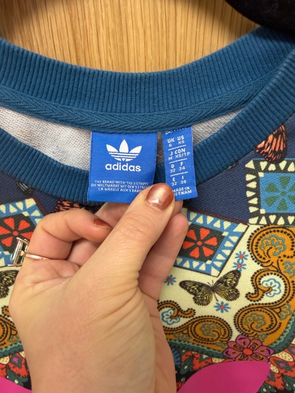 adidas and Farm Rio Blue Sweatshirt with Hot Pink Trefoil and butterfly print! - Picture 2 of 8